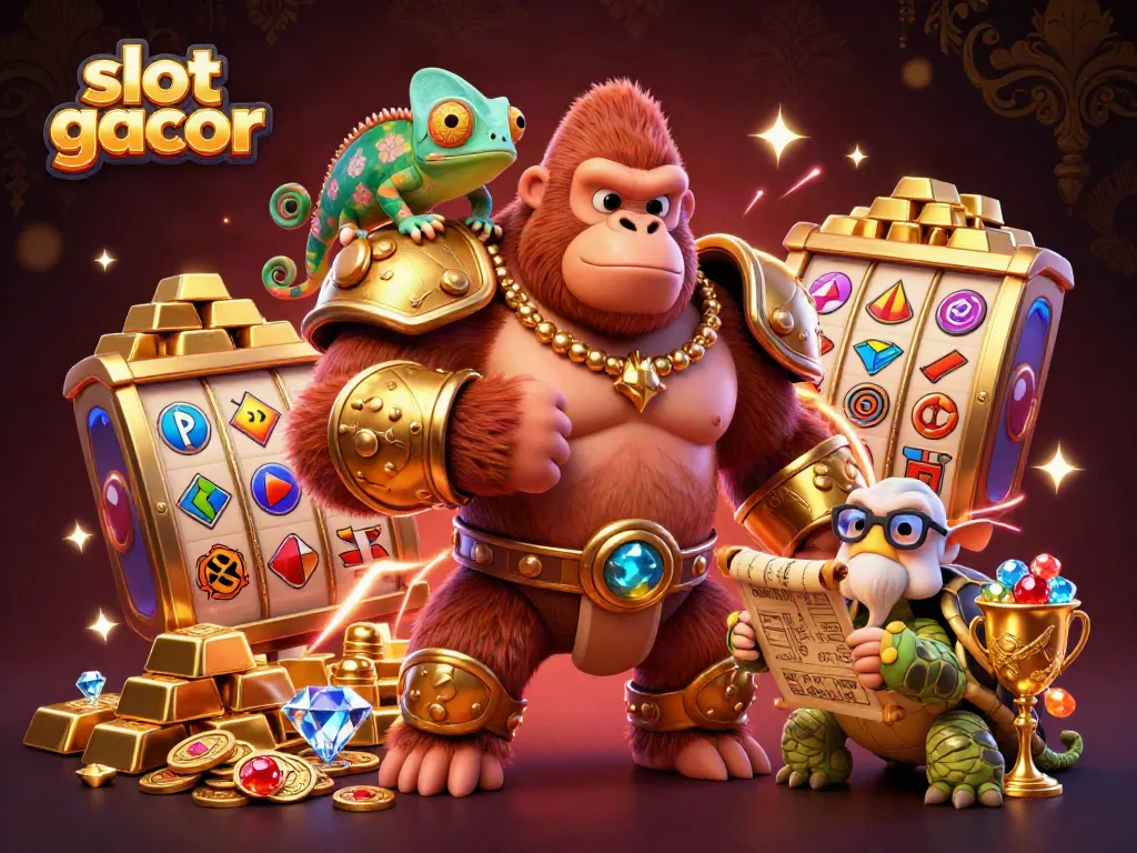 Engage in slot gacor action with a powerful gorilla king, colorful chameleon, and wise tortoise amid golden treasures.