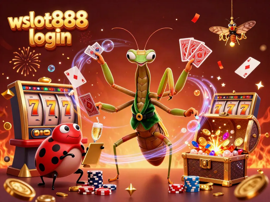 Gambaran menarik wslot888 login dengan elemen kasino, menggoda pemain dengan jackpot dan permainan slot.
