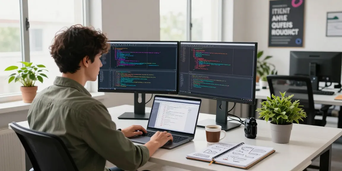 Software developer engaged in coding at telegraimin.com in a modern office workspace with dual monitors and motivational decor.