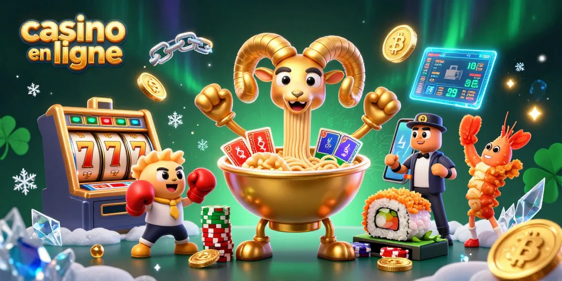 Visuel dynamique du casino en ligne avec un bol de ramen géant et des éléments de jeu.