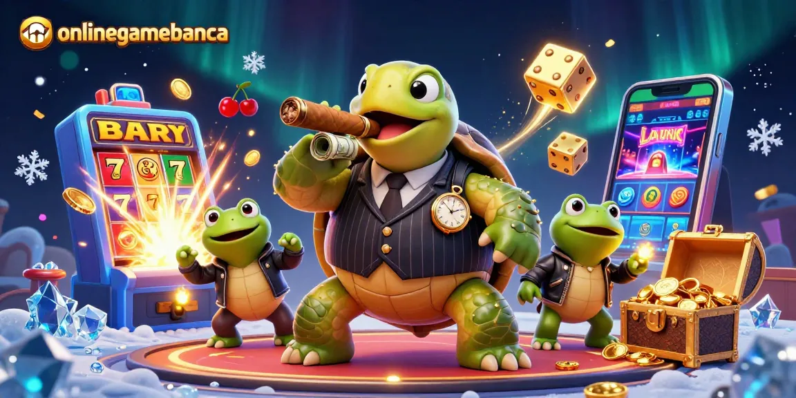 Experience onlinegamebanca's vibrant casino scene with a turtle in a suit, jackpot elements, and dynamic action.