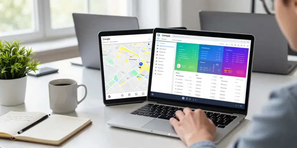 Using the Google Maps scraping tool by Outscraper on a laptop at a modern workspace, showcasing data analysis.