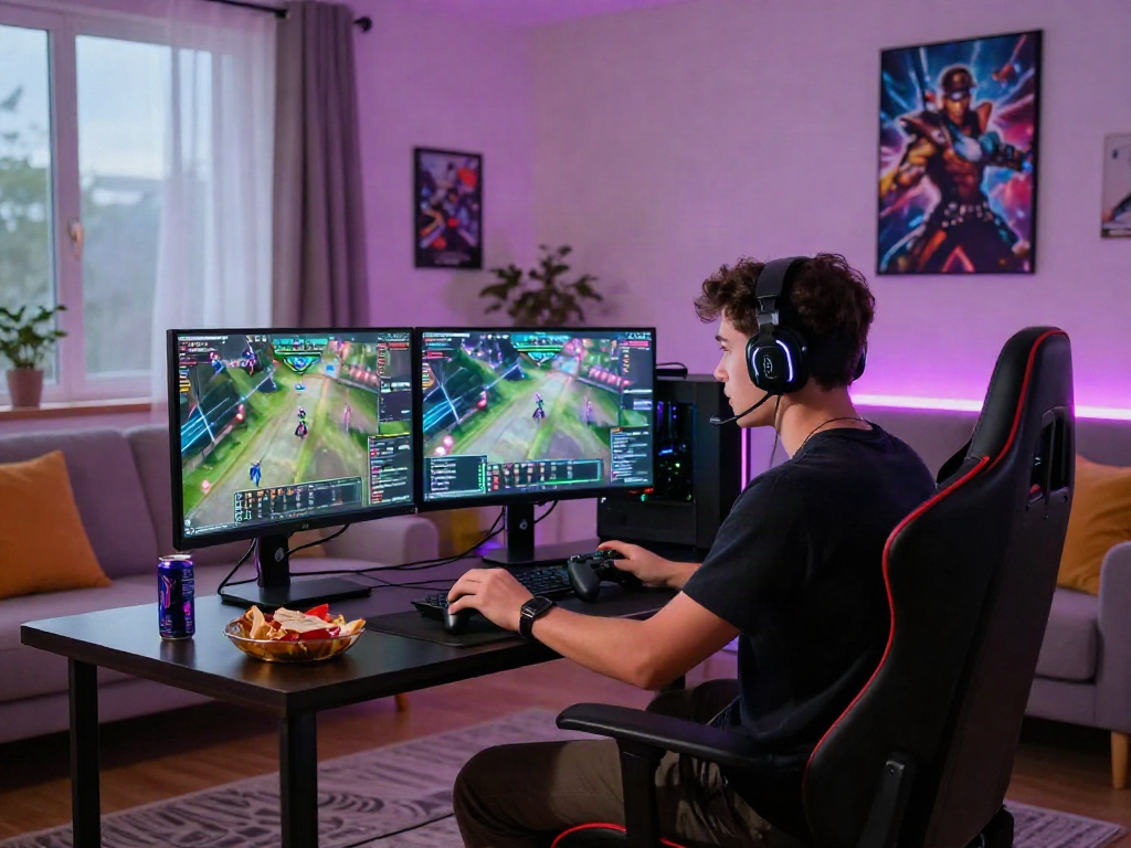 Engaged gamer using bro138 setup in a vibrant living room.