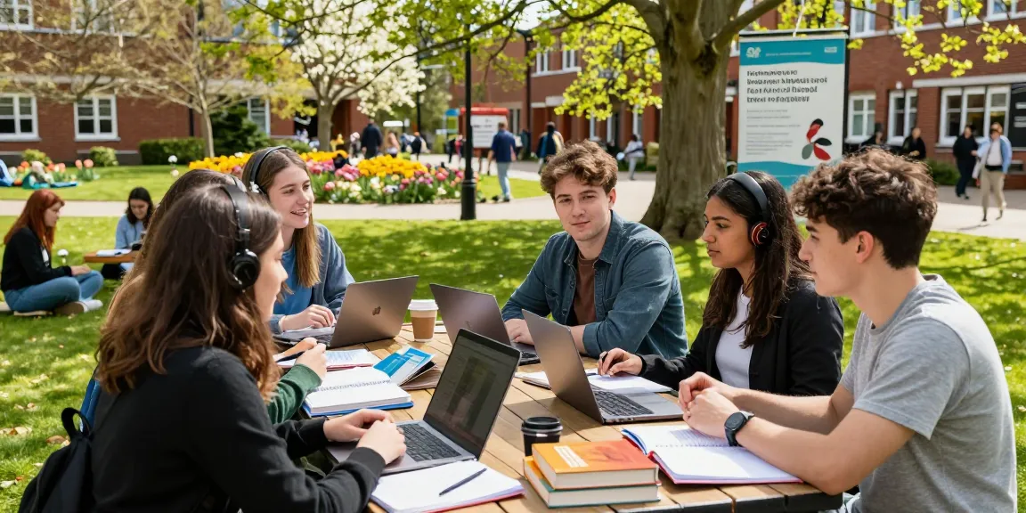 Students discussing various Post-16 options UK opportunities on campus
