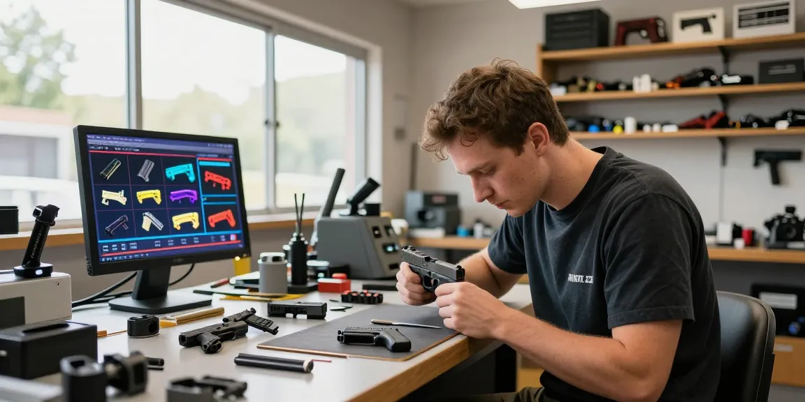 Custom gunsmith working on Glock slides at https://precisionglockslides.com workshop, showcasing precision and craftsmanship.