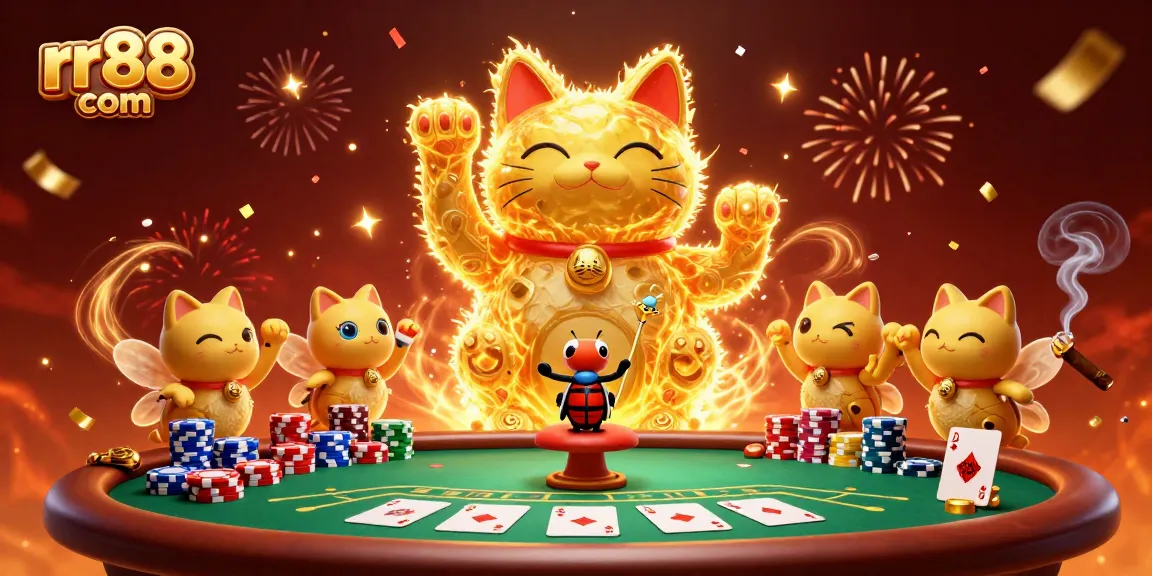 Experience thrilling moments at rr88 com with a giant lucky cat waving amidst vibrant casino symbols.