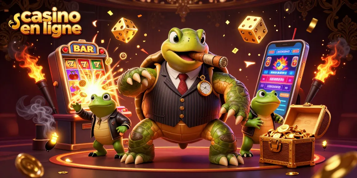 Rejoignez le monde du casino en ligne avec cette illustration captivante d'une tortue et de grenouilles.