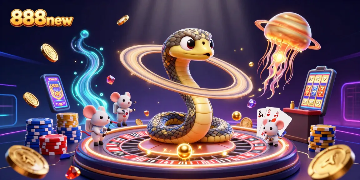 Engage with 888new's thrilling 3D casino universe, where a Saturn ring snake spins roulette while astronaut mice bet.