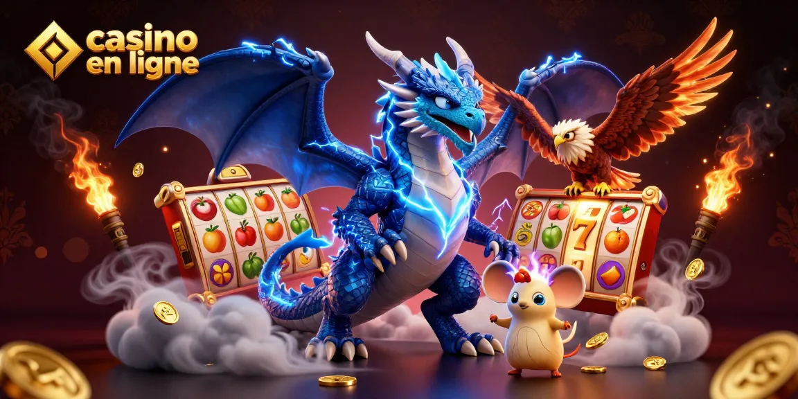 Visuel captivant d'un dragon, un faucon, et une souris, représentant le casino en ligne dynamique avec des rouleaux de machine à sous.