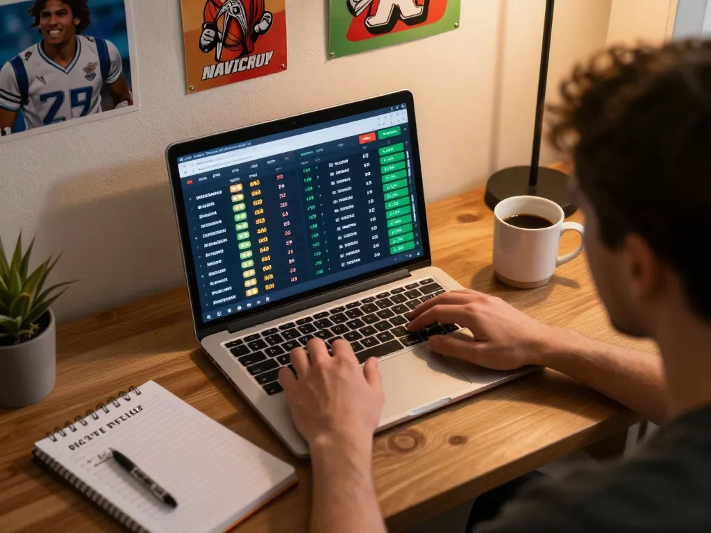 Scommettere su siti non AAMS con quote vivaci visualizzate su un laptop in un accogliente ufficio domestico
