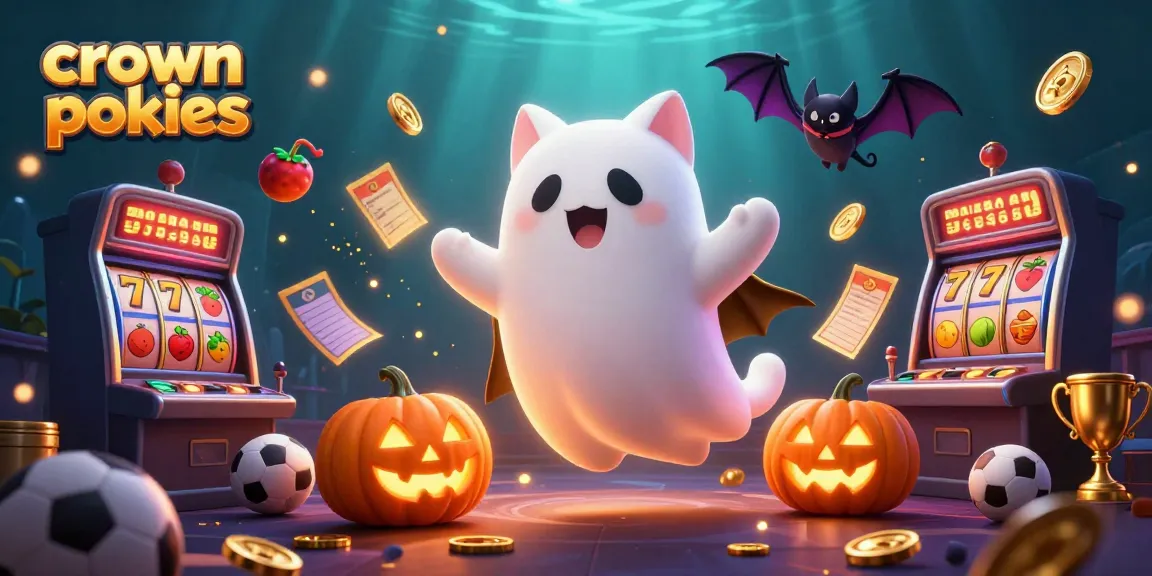 Play crown pokies in an exciting haunted casino scene filled with dynamic game elements and vibrant characters.
