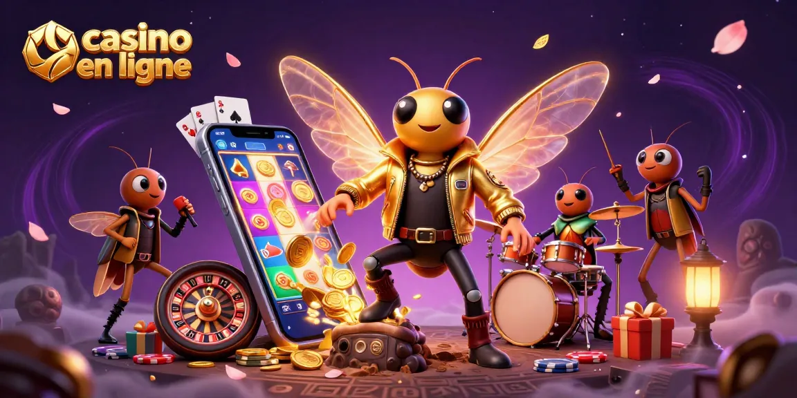 Illustration dynamique de casino en ligne avec une rock star en cicade et des éléments de jeu captivants.