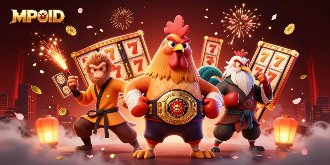 Engage with MPOID in this vibrant online casino setting featuring 3D characters and slot elements.