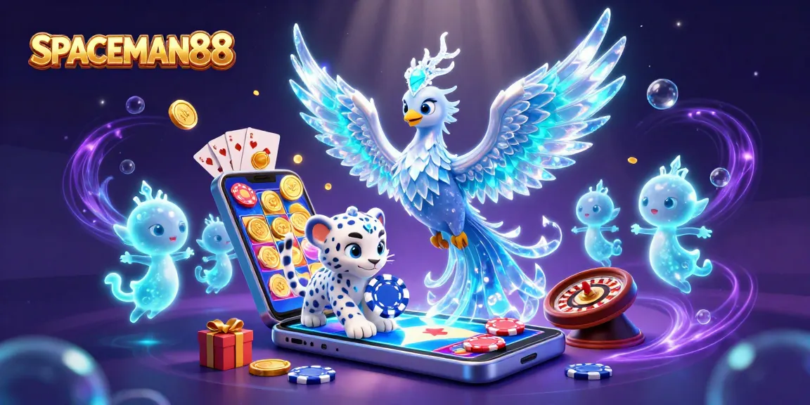 Join SPACEMAN88's adventure with an ice phoenix and poker chip in a vibrant casino illustration.