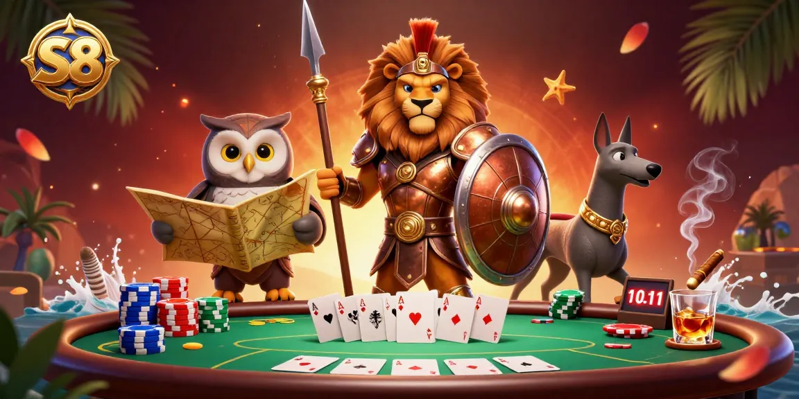 S8 players strategizing with poker elements in a vibrant casino scene.