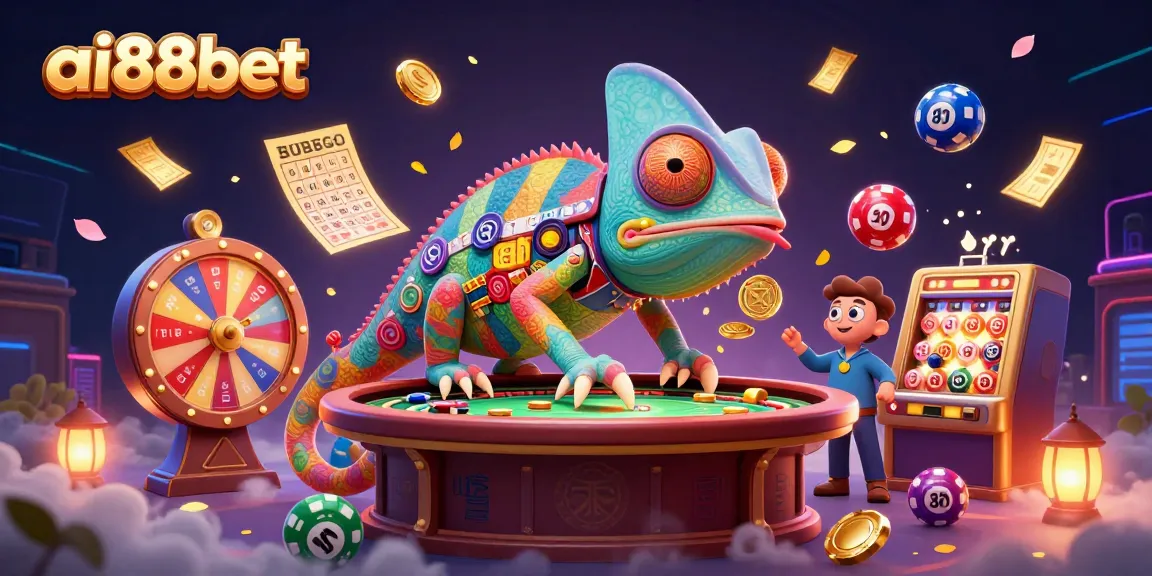 Experience the vibrant ai88bet casino atmosphere with a colorful chameleon owner and dynamic gambling elements.