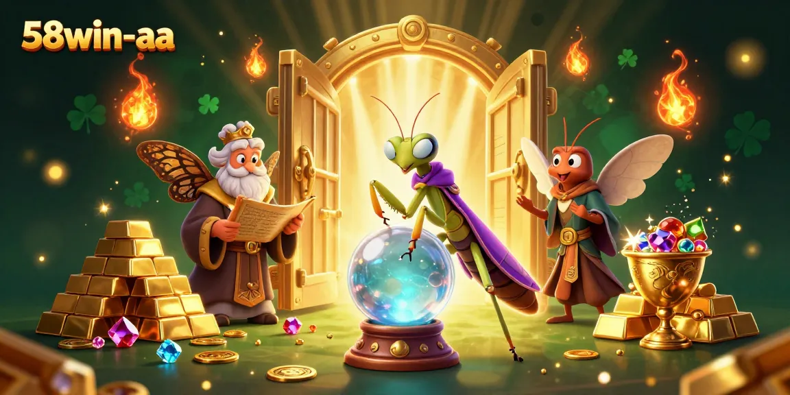 Engage with 58win-aa's thrilling games in a vibrant casino-themed scene filled with treasures.