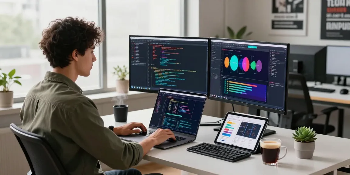Developer coding and designing software in a modern workspace setting, showcasing the essence of teiegramin.com.