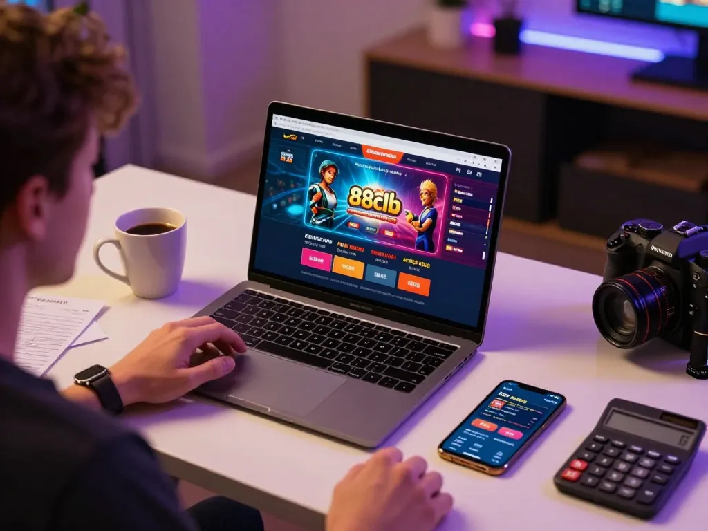A player engaging with the 88clb casino interface on a laptop, showcasing the immersive online betting experience.