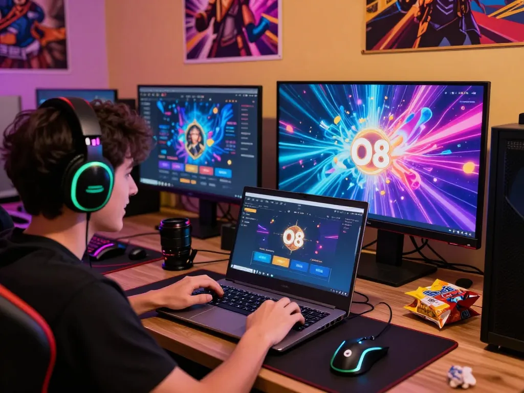 O8 player immersed in online gaming experience with vibrant setup and interactive interface.