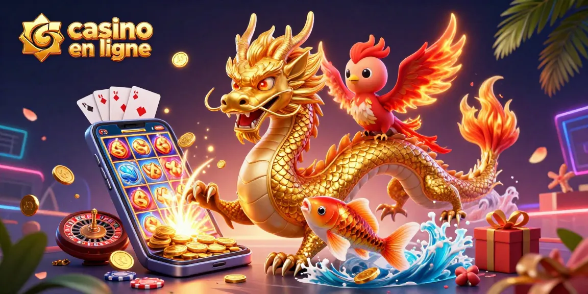 Illustration 3D de dragon chinois en or pour un casino en ligne, joueurs gagnant des jetons