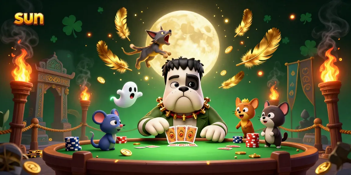 Watch the sun-inspired Frankenstein bulldog dealer manage potent poker chips at a spooky green-lit casino table.
