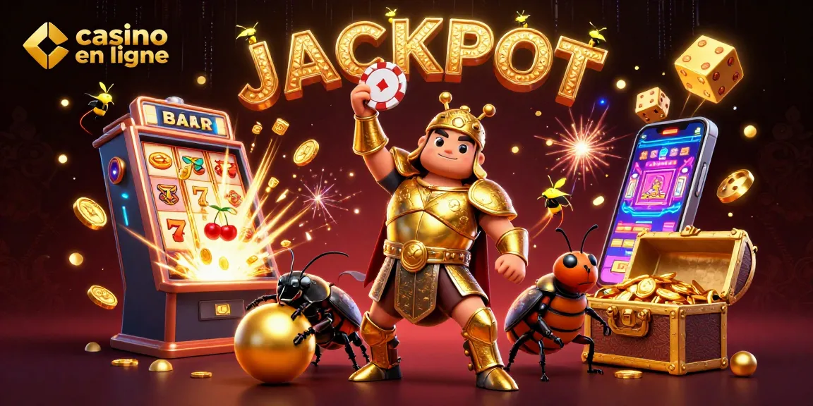Illustration dynamique d'un casino en ligne, mettant en valeur un scarabée héros remportant un jackpot.