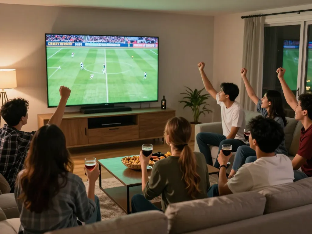 Viewers engaged in sports betting at home while watching luongsontv live football broadcast.