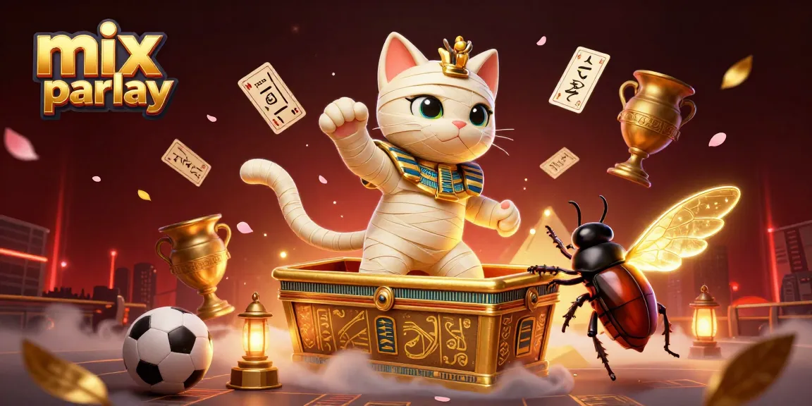 Engage in mix parlay betting with a captivating scene of a mummy cat and scarab beetle in an illuminated casino.