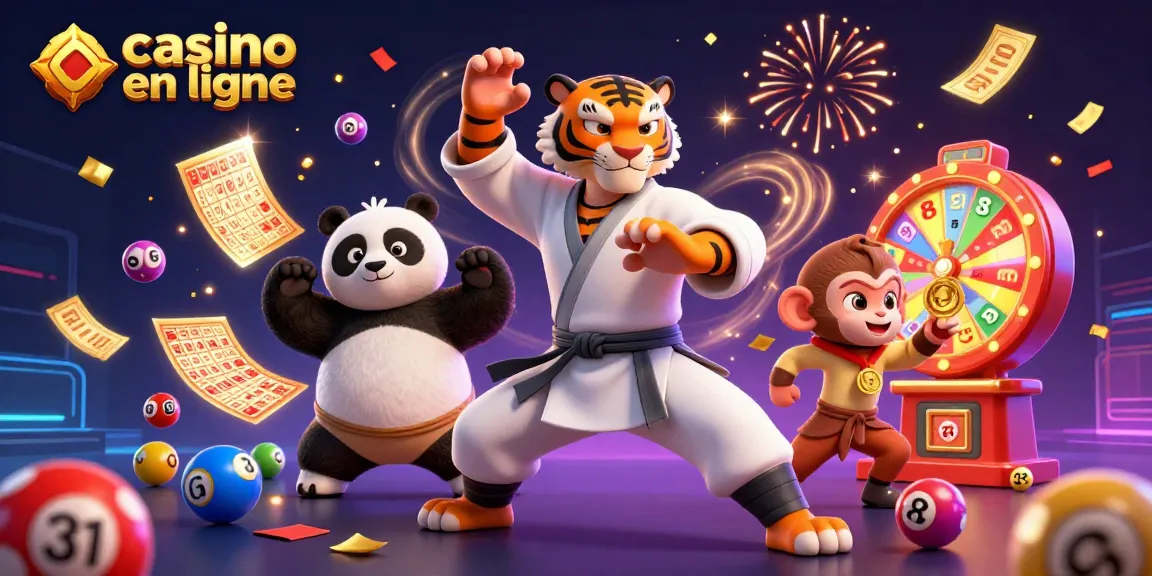 Animer des jeux au casino en ligne avec un tigre kung-fu, un panda et un singe volant une médaille d'or