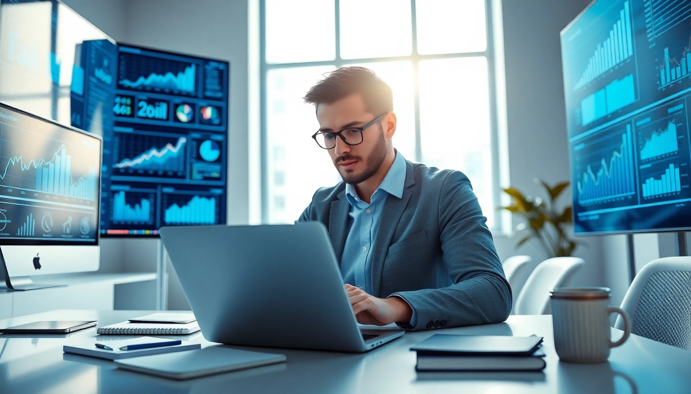 Analysiere Daten auf https://alvionz.de/ mit einem Marketing-Experten in einem modernen Büro.