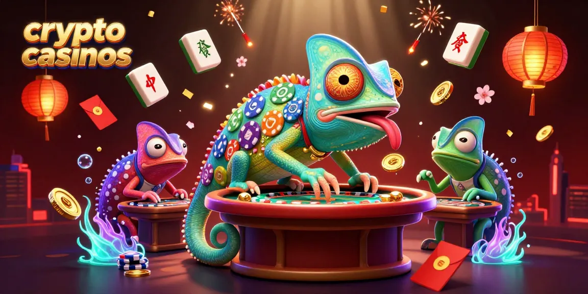 Explorez les crypto casinos avec cette illustration dynamique mettant en scène un propriétaire caméléon vivant des moments excitants à la roulette.