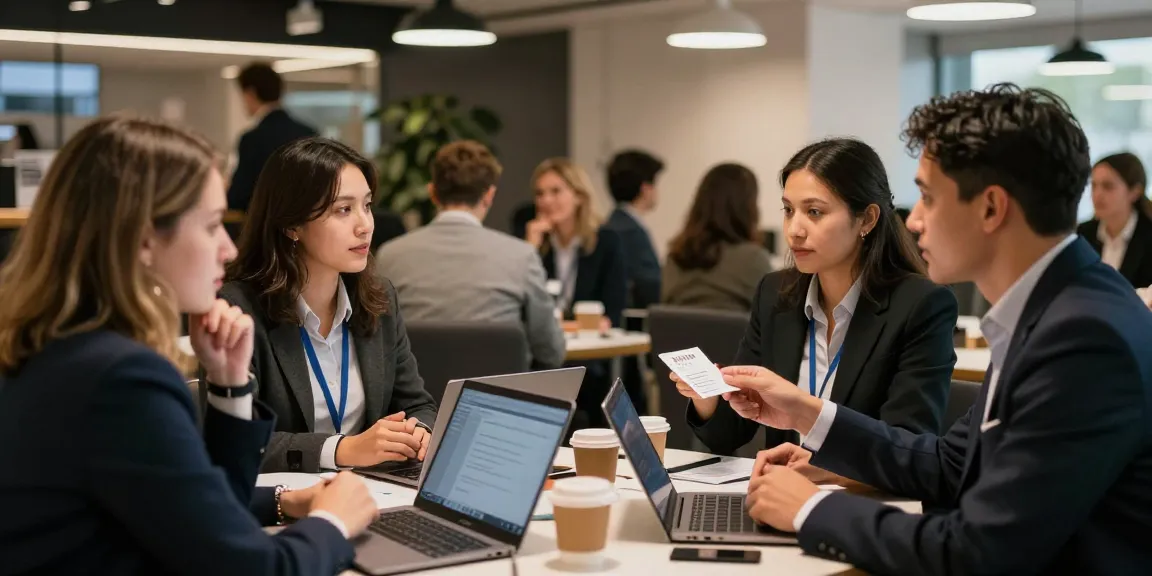Self-employed professionals networking at a business conference, exchanging ideas and opportunities in a modern venue