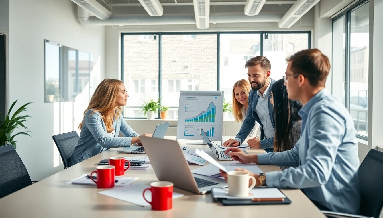 Die digitale Marketingstrategie von https://alvionz.de/ in einem modernen Büro mit Teamarbeit hervorheben.