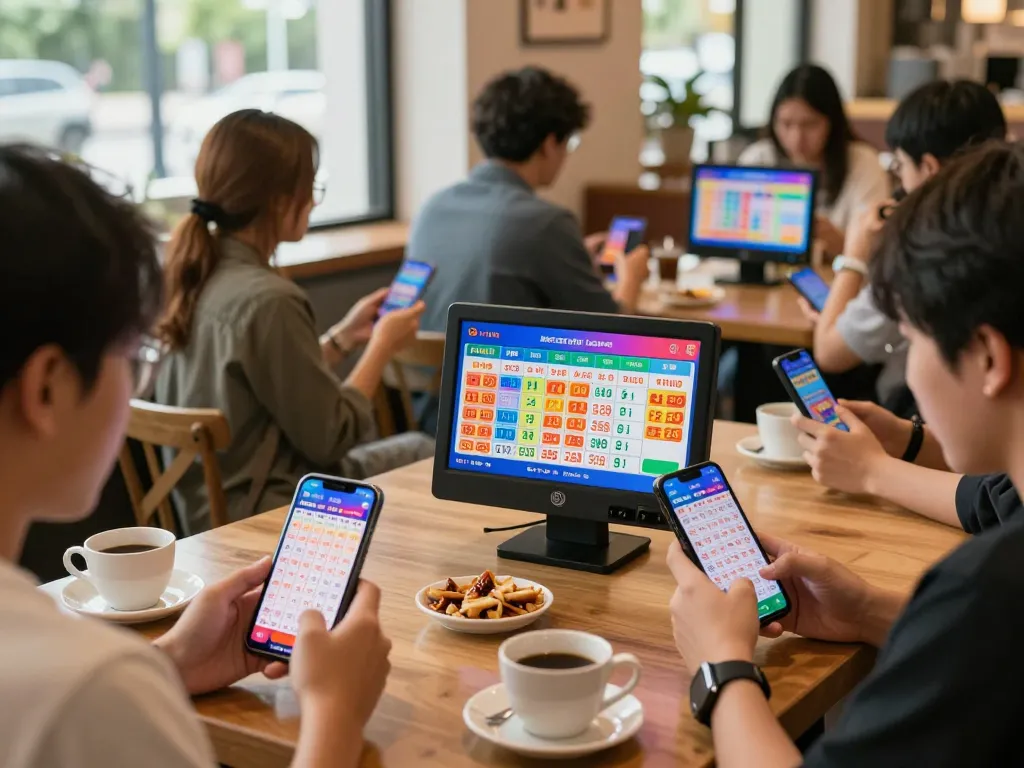 Players engaging in HK online lottery games with devices, showcasing excitement and community.