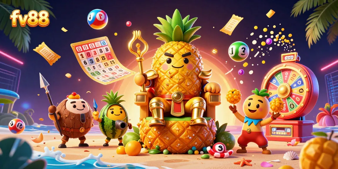 Experience the excitement of fv88 with vibrant lottery elements, a golden pineapple king, and lively animations.
