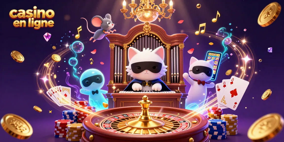 Illustration d'un casino en ligne avec un chat fantomatique jouant de l'orgue, entouré de pièces d'or et de jetons.