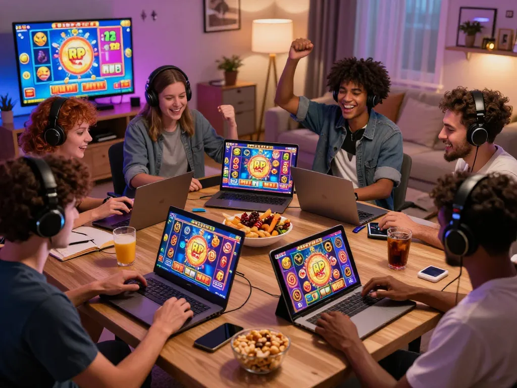 Diverse players enjoying slot gacor games on multiple devices in an inviting home gaming setup.