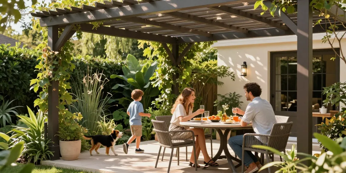 Freistehende Terrassenüberdachung im Garten, Paar genießt sonnigen Nachmittag unter Pergola mit Tisch und Pflanzen.