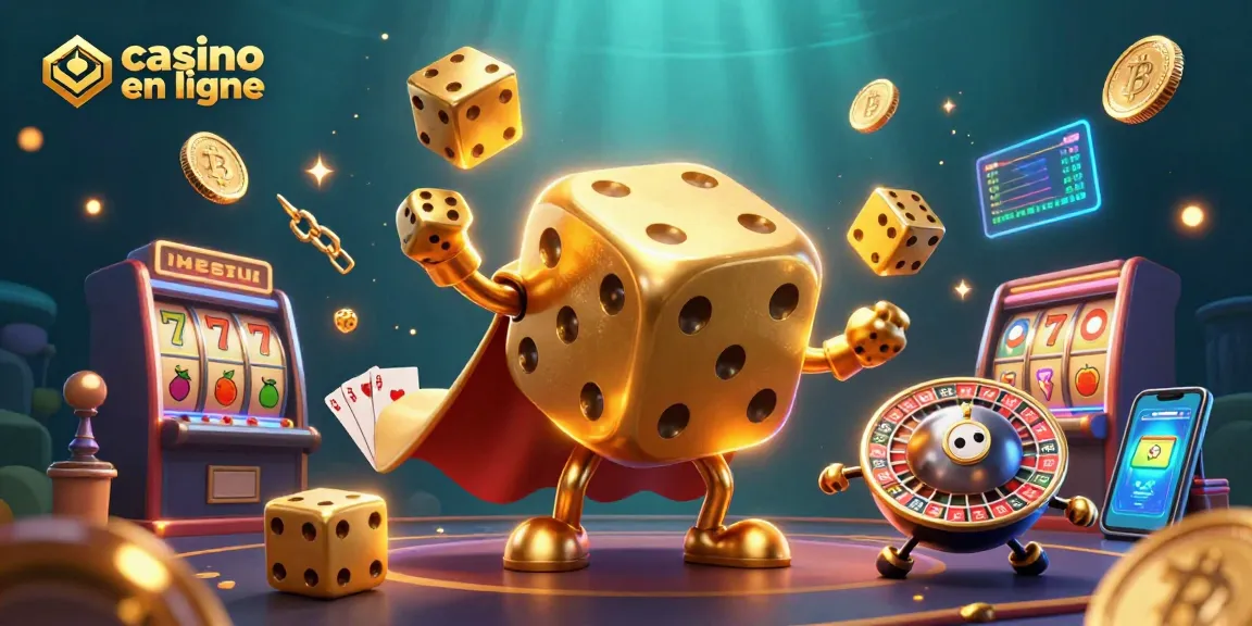 Jouez à des jeux captivants dans un casino en ligne avec des dés dorés et des éléments de jeu.