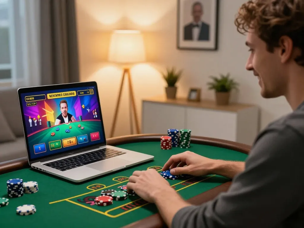 Winning gameplay at fabet online casino with live dealer on laptop in cozy home setting.