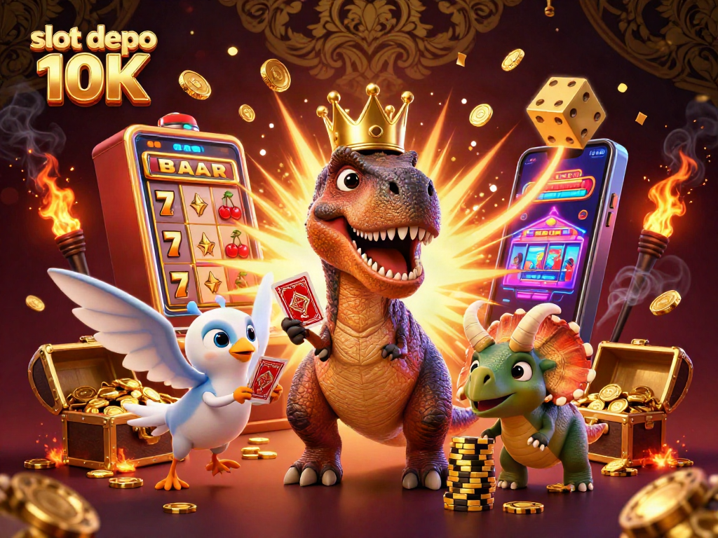 Experience excitement at slot depo 10K with animated characters, jackpot wins, and vibrant casino elements.