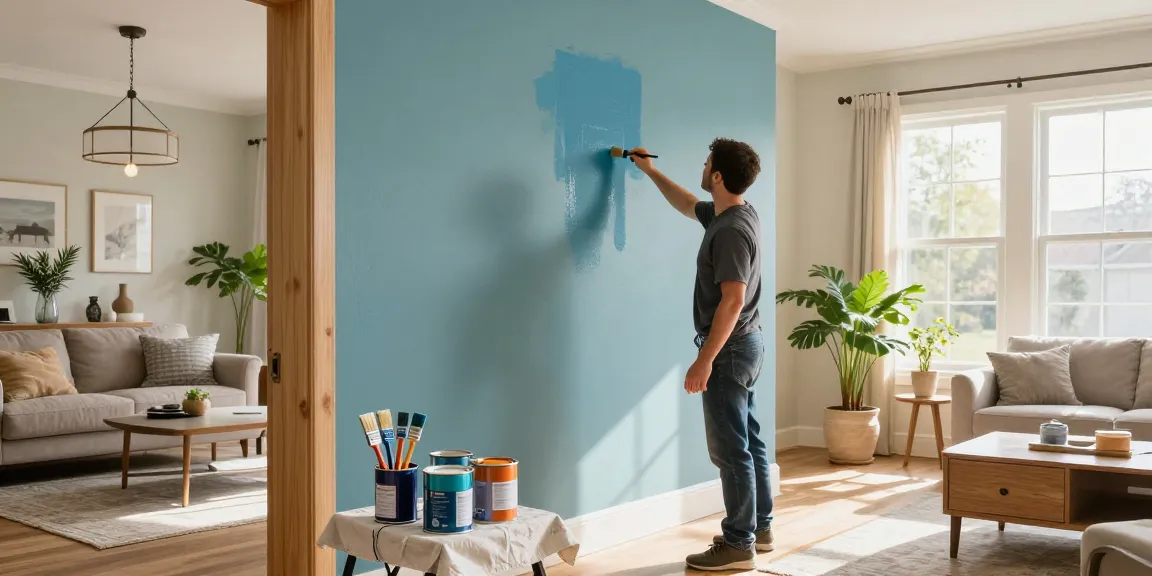 Interior painters Davidson County TN expertly painting a bright Nashville living room with eco-friendly materials.