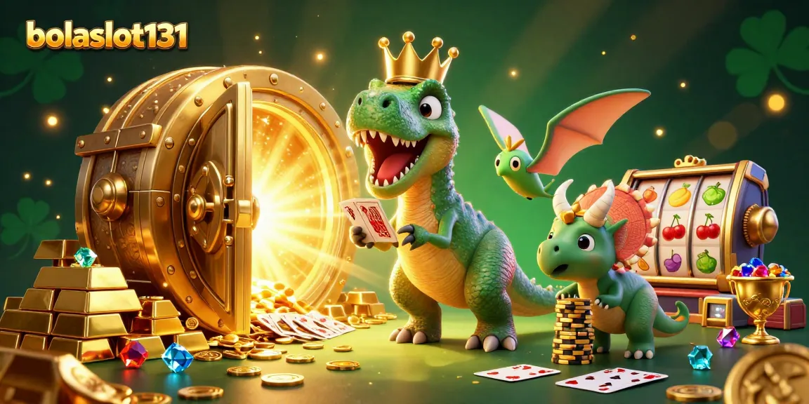 Engaging illustration for bolaslot131 with a T-Rex shuffling cards and a triceratops stacking chips.
