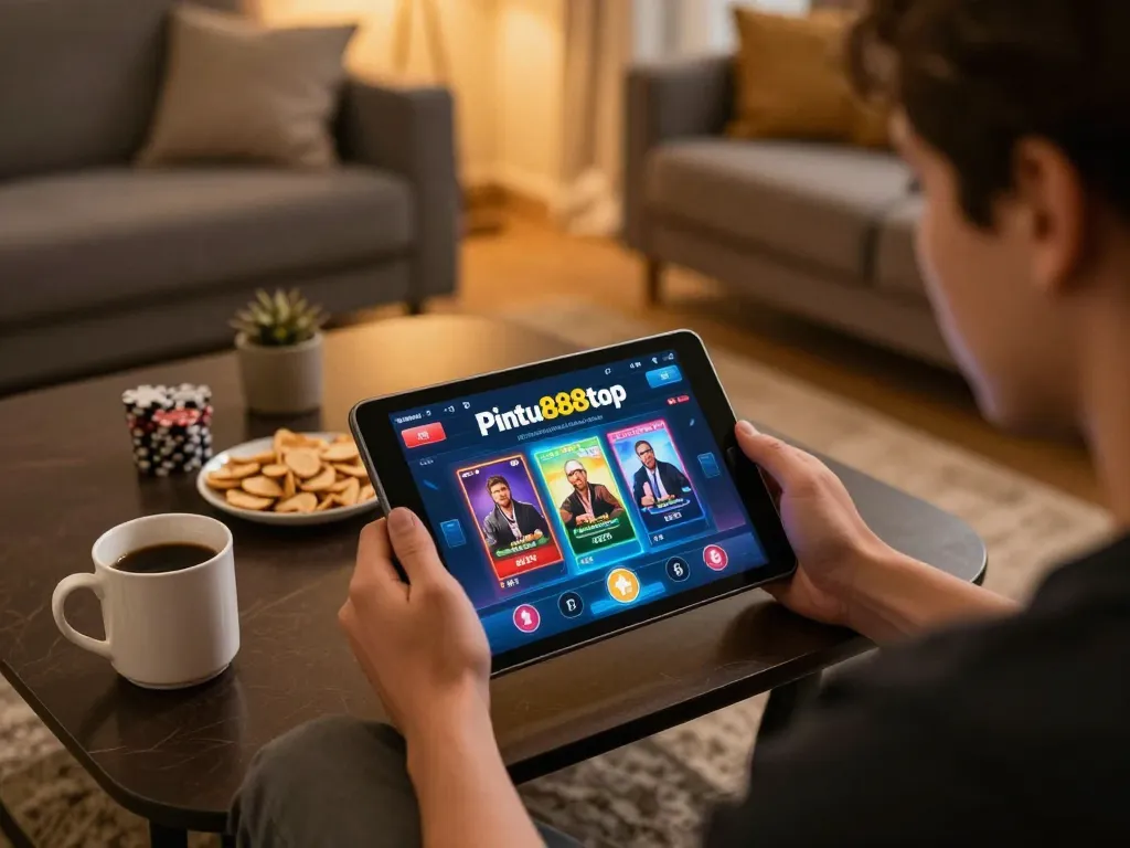 Player engaging with the pintu888top app on a tablet, enjoying online gaming comfortably at home