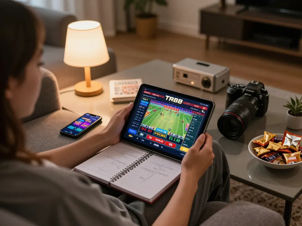 Engaging in TR88 online gambling experience on tablet while taking notes.