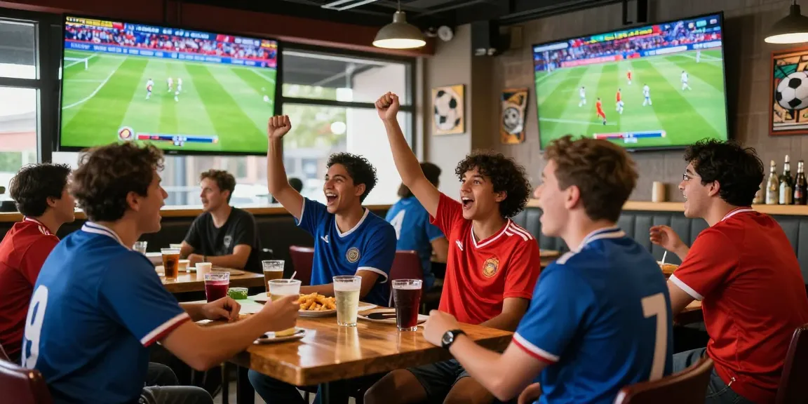 Enjoying kora live with fans in a vibrant sports bar atmosphere, cheering for their teams.