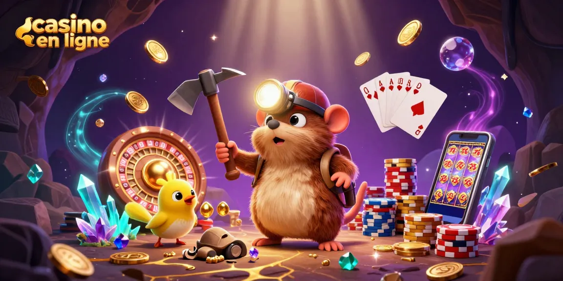 Illustration de casino en ligne avec un mole chasseur de trésor et des éléments de jeu dynamique.