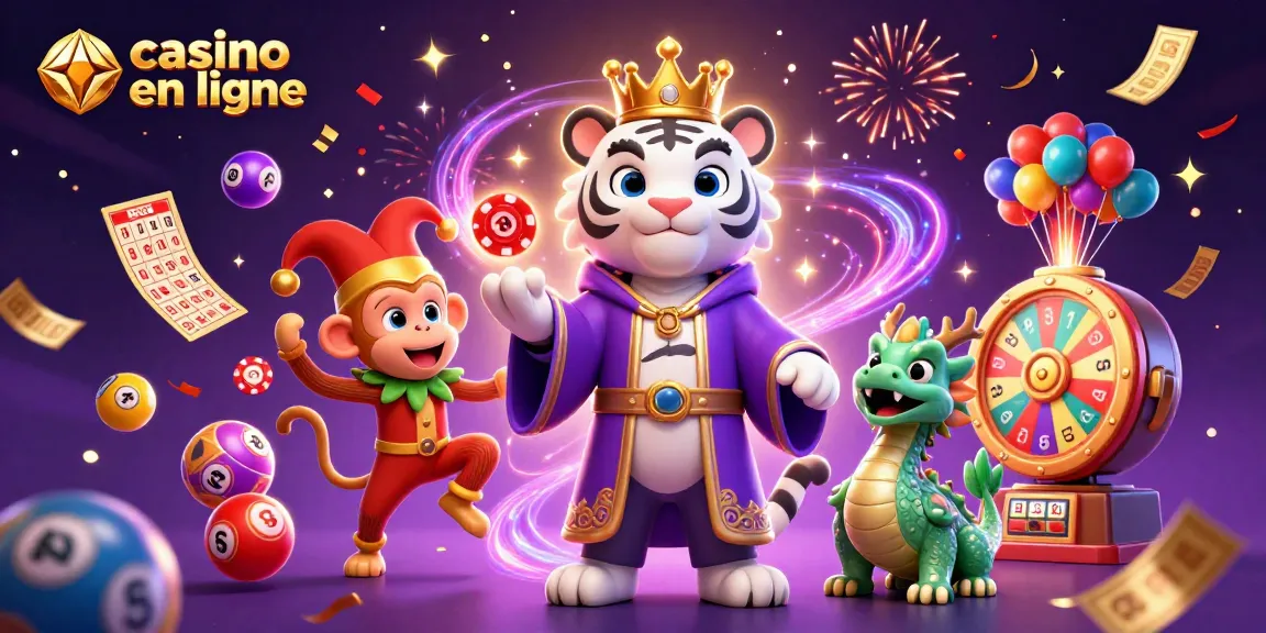 Découvrez le casino en ligne avec un tigre majestueux, un singe jongleur et des éléments festifs.