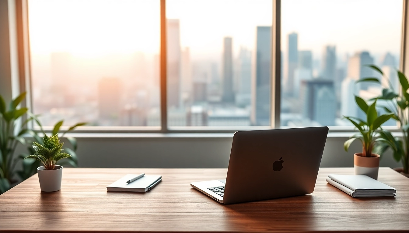 Der Arbeitsplatz von https://alvionz.de/ mit Laptop und pflanzen am Fenster beleuchtet von Tageslicht.